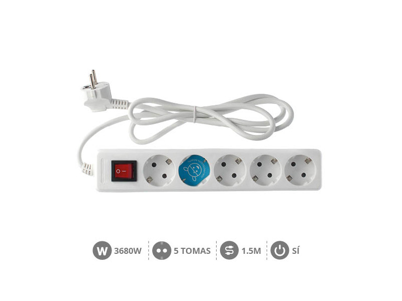 BASE MULTIPLE 5 TOMAS + INTERRUPTOR CON CABLE 1.5 METROS