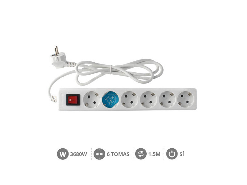 BASE MULTIPLE SERIE ESTANDAR 6 TOMAS CON INTERRUPTOR (3 X 1.0MM) 1.5M BLANCA