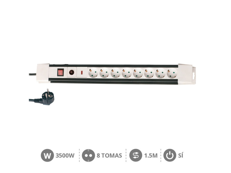 BASE MULTIPLE 8 TOMAS + INTERRUPTOR CON CABLE 1.5 METROS