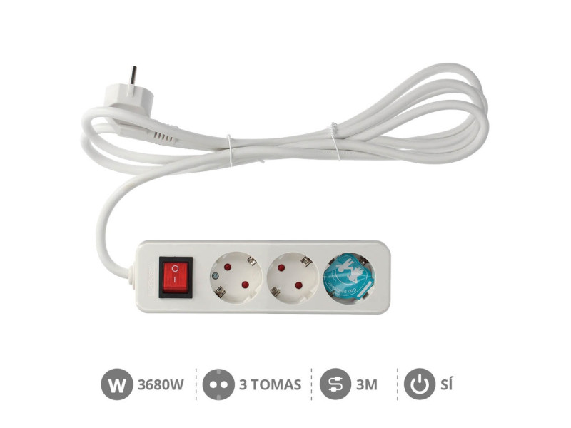 BASE MULTIPLE SERIE MEGA 3 TOMAS + INTERRUPOR (3 X 1.5MM) 3M