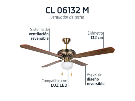 VENTILADOR DE TECHO ASPAS 132CM COLOR ORO VIEJO 60W 1 LUZ E-27 230V 