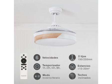 VENTILADOR TECHO LIKASI CON LUZ CCT REGULABLE Y MANDO Ø107 3 ASPAS RETRACTILES DC BLANCO