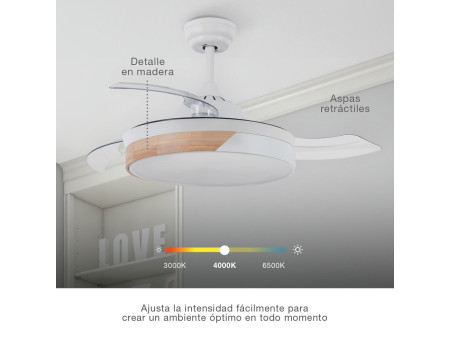 VENTILADOR TECHO LIKASI CON LUZ CCT REGULABLE Y MANDO Ø107 3 ASPAS RETRACTILES DC BLANCO