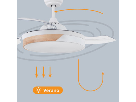 VENTILADOR TECHO LIKASI CON LUZ CCT REGULABLE Y MANDO Ø107 3 ASPAS RETRACTILES DC BLANCO