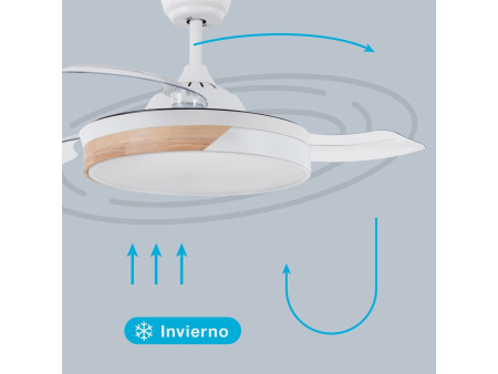 VENTILADOR TECHO LIKASI CON LUZ CCT REGULABLE Y MANDO Ø107 3 ASPAS RETRACTILES DC BLANCO