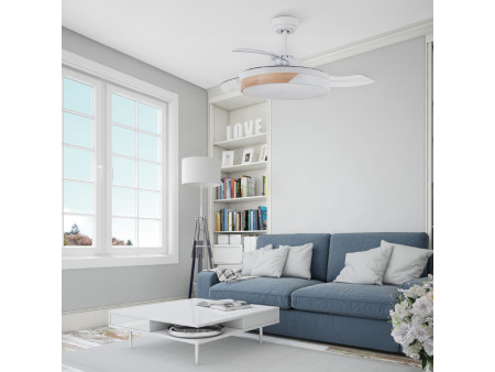 VENTILADOR TECHO LIKASI CON LUZ CCT REGULABLE Y MANDO Ø107 3 ASPAS RETRACTILES DC BLANCO