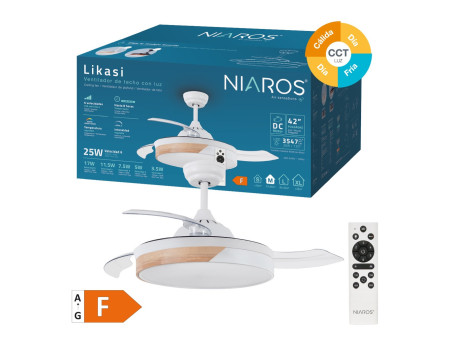 VENTILADOR TECHO LIKASI CON LUZ CCT REGULABLE Y MANDO Ø107 3 ASPAS RETRACTILES DC BLANCO
