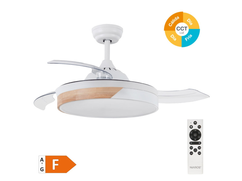 VENTILADOR TECHO LIKASI CON LUZ CCT REGULABLE Y MANDO Ø107 3 ASPAS RETRACTILES DC BLANCO