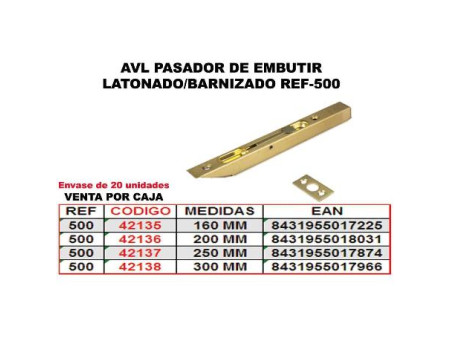 PASADOR DE EMBUTIR A PALANCA LATONADO DE 200MM 500200