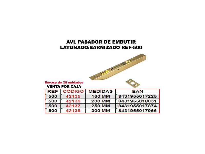 PASADOR DE EMBUTIR A PALANCA LATONADO DE 200MM 500200
