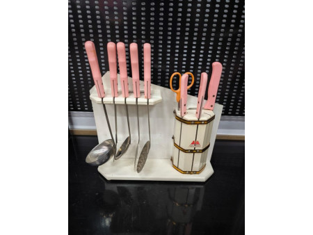 JUEGO UTENSILIOS COCINA EXPOSITOR 9 PZAS ACERO INOX CON MANGO PLASTICO