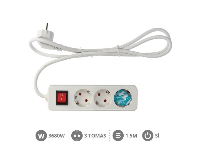 BASE MULTIPLE SERIE MEGA 3 TOMAS + INTERRUPTOR (3 X 1.5MM) 1.5M