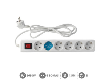 BASE MULTIPLE 6 TOMAS + INTERRUPTOR 1.5 METROS BLANCA