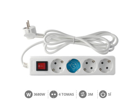 BASE MULTIPLE 4 TOMAS + INTERRUPTOR (3 X 1.5MM) 3 METROS BLANCA